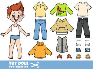 Cute cartoon boy with clothes separately -   jacket, vest, T-shirt, long sleeve, jeans and sneakers doll for dressing