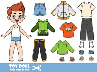 Cute cartoon boy with clothes separately -   jacket, shorts, long sleeve, T-shirt,  jeans and sneakers doll for dressing
