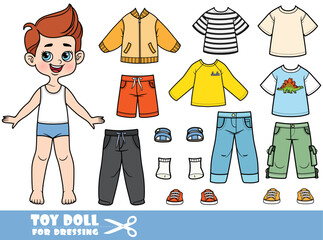 Cute cartoon boy with clothes separately -   jacket, T-shirt,  sweatpants, jeans and sneakers doll for dressing