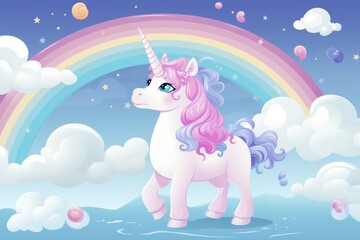 Illustration of a majestic pink unicorn in front of a vibrant rainbow created with Generative AI technology