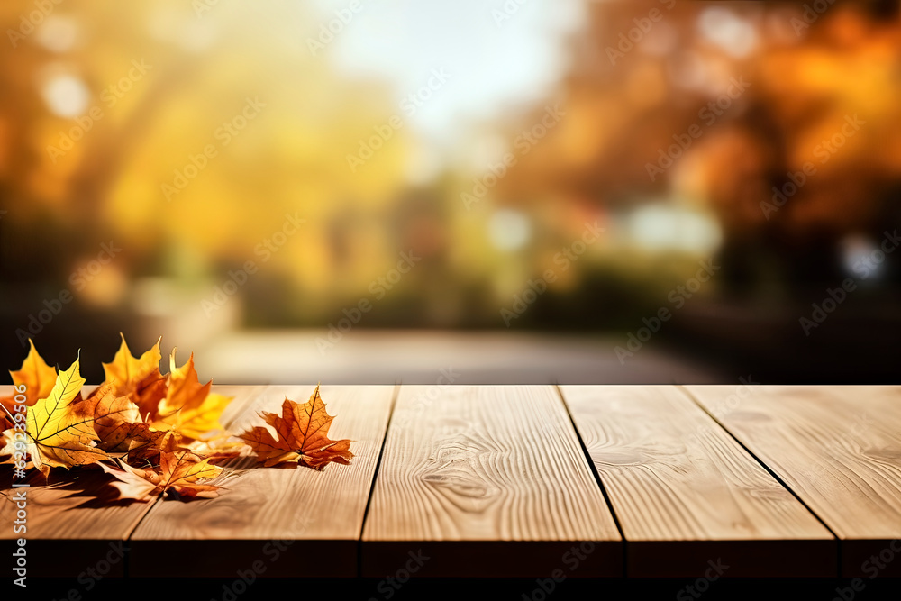 Wall mural Wooden cutting board with autumn leaves to the side and a blurred autumn landscape in the background, plenty of overhead and copy space, made with generative ai