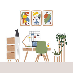Modern creative work zone for graphic designer. Cute interior scene design for study or remote job. Home space with furniture, plants and house decor. Artist studio hand drawn flat vector illustration