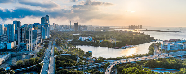 Naklejka premium Aerial photography of Haikou International Trade CBD and Binhai Interchange in Hainan, China