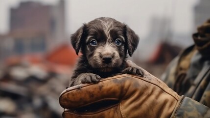 A puppy in the hands of a volunteer against the backdrop of the ruins of the city.
