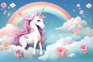 Illustration of a majestic unicorn standing on a fluffy cloud with a vibrant rainbow backdrop created with Generative AI technology