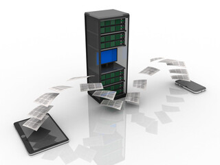 3d illustration server center data sharing mobile phone