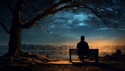Stargazing Serenity: Adult Contemplating the Milky Way from a Bench