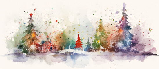 Watercolor illustration of colorful firs or pines for winter and christmas design. Generative AI.