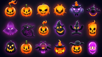Collection of halloween silhouettes stickers badges scrapbooking elements icons and characters, bat, witch, pumpkins, haunted house, trees, NEON LIGHT RTX 