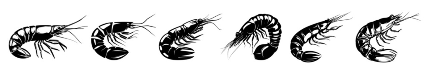 Set of shrimp black silhouette vectors