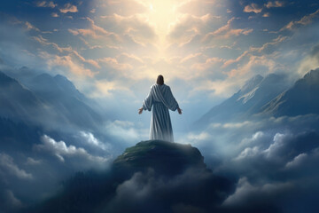 Back view of Jesus Christ stand on mountain in heaven. Concept of spiritual faith in God in Christianity and catholicism - obrazy, fototapety, plakaty