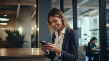 Smiling businesswoman using her phone in the office. generative ai
