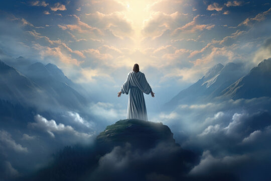 Back view of Jesus Christ stand on mountain in heaven. Concept of spiritual faith in God in Christianity and catholicism