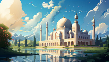 Obraz premium Islamic mosque with ornate architecture depicted in stylized flat illustration,