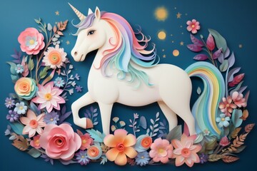 Illustration of a colorful paper cut of a unicorn amidst a vibrant bouquet of flowers created with Generative AI technology
