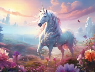Illustration of a majestic white unicorn in a vibrant field of colorful flowers created with Generative AI technology - obrazy, fototapety, plakaty