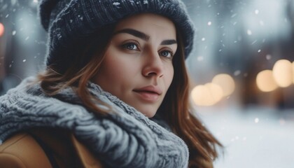 Portrait of a women in winters snow fall on the background