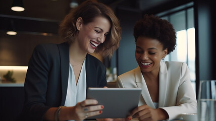 Shot of two businesswoman working together on digital tablet. Creative female executives meeting in an office using tablet pc and smiling.Generative ai