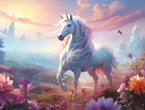 Illustration of a majestic white unicorn in a vibrant field of colorful flowers created with Generative AI technology