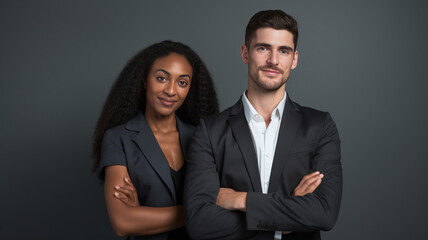 Portrait of happy multi ethnic business couple posing with arms crossed