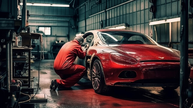 Describe a mechanic working on a car in a huge garage. The car is a beautiful, shiny, sparkling sports car.Generative ai