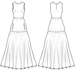 Women sleeveless Prairie dress design flat sketch fashion illustration with front and back view, Tiered maxi dress flat sketch template