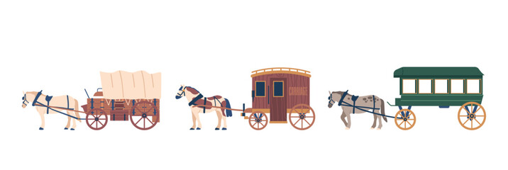Set Of Wagons Isolated On White Background. Sturdy And Practical Horse-drawn Vehicles, Cartoon Vector Illustration © Pavlo Syvak