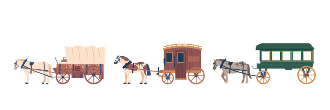 Set Of Wagons Isolated On White Background. Sturdy And Practical Horse-drawn Vehicles, Cartoon Vector Illustration