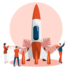 Startup project development team - V5. Team Building. Vector Design. People Discussion