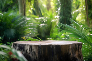 Wooden cut, round podium on the background of tropical plants. High quality photo