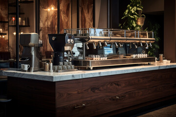Fototapeta na wymiar Design an elegant coffee station within the restaurant kitchen, with baristas brewing aromatic blends and creating latte art for coffee enthusiasts.