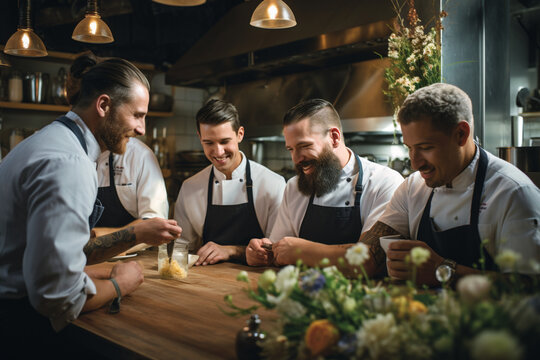 Craft a picturesque scene of chefs gathered around a large table, brainstorming and collaborating on new menu ideas, epitomizing the creative spirit of the kitchen." Generative AI