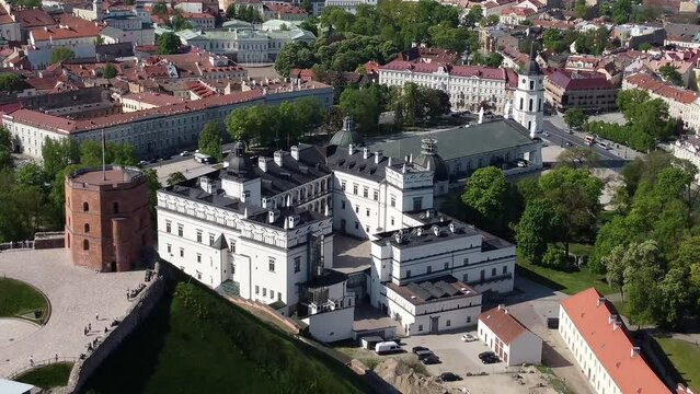 Aerial of the Palace of the Grand Dukes of Lithuania with the cityscape in the background
