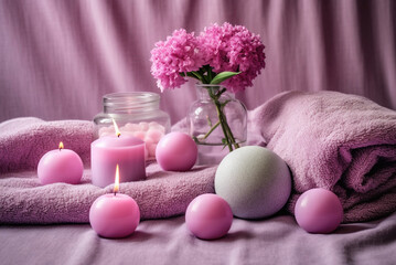 Fototapeta na wymiar Pink lavender spa bath bomb closeup. Generative ai