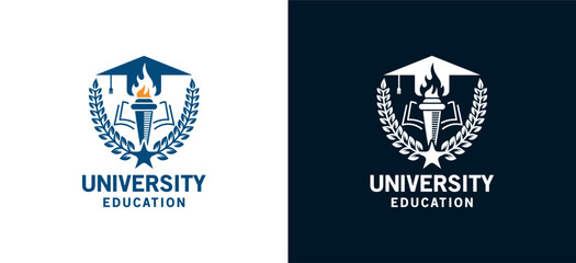 Higher education university emblem logo design using torch, book and graduation cap symbol