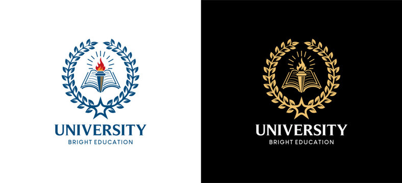 Higher Education University Emblem Logo Design Using Torch, Book And Paddy Star Symbols