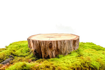 Fototapeta premium Wooden saw cut, round podium with green moss isolated on a white background. High quality photo