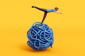 A man stood on a tangled ball of string. Overcoming stress and mental health. 3D Rendering