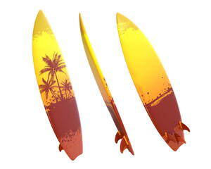 3D Rendering Yellow And Brown Surfboard With Palm Trees Front, Side And Back View Isolated On Transparent Background, PNG File Add