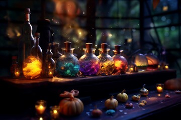 Halloween magic colorful potions in glass flasks. Dark bokeh background illustration Generative AI