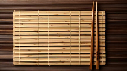 Bamboo mat with pair of chopsticks and rest on wooden table, top view. Space for text