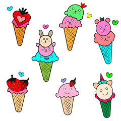 Ice cream cones. vector 2D drawings. Ice cream icons