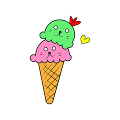 Pink and green ice cream cone. double ice cream illustration. vector flat outline icon. 