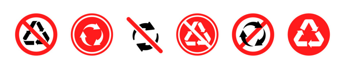 Set of no recycling icons on white background. Ban Reusable sign. Vector 10 Eps.