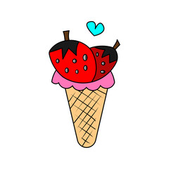 Pink ice cream cone with two strawberries. Vector flat icon. isolated design. 