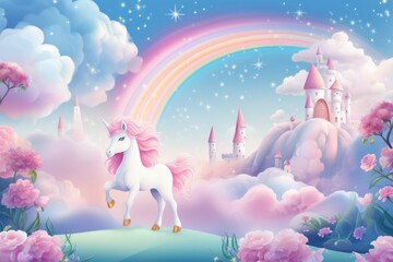 Illustration of a majestic unicorn in front of a colorful castle with a vibrant rainbow backdrop created with Generative AI technology