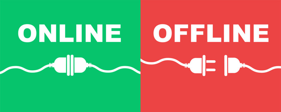 Green and red offline or online cable. Internet connection. Unplug plug. Vector 10 Eps.