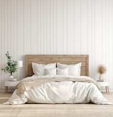 Modern Interior Design. White Bed and Wooden