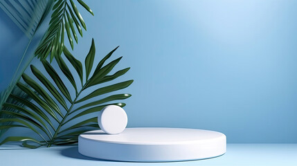 Advertising, Minimal abstract blue, white background for the presentation of a cosmetic product. Premium podium with a shadow of tropical palm leaves on a blue wall and white table. Generative Ai