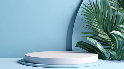 Advertising, Minimal abstract blue, white background for the presentation of a cosmetic product. Premium podium with a shadow of tropical palm leaves on a blue wall and white table. Generative Ai
